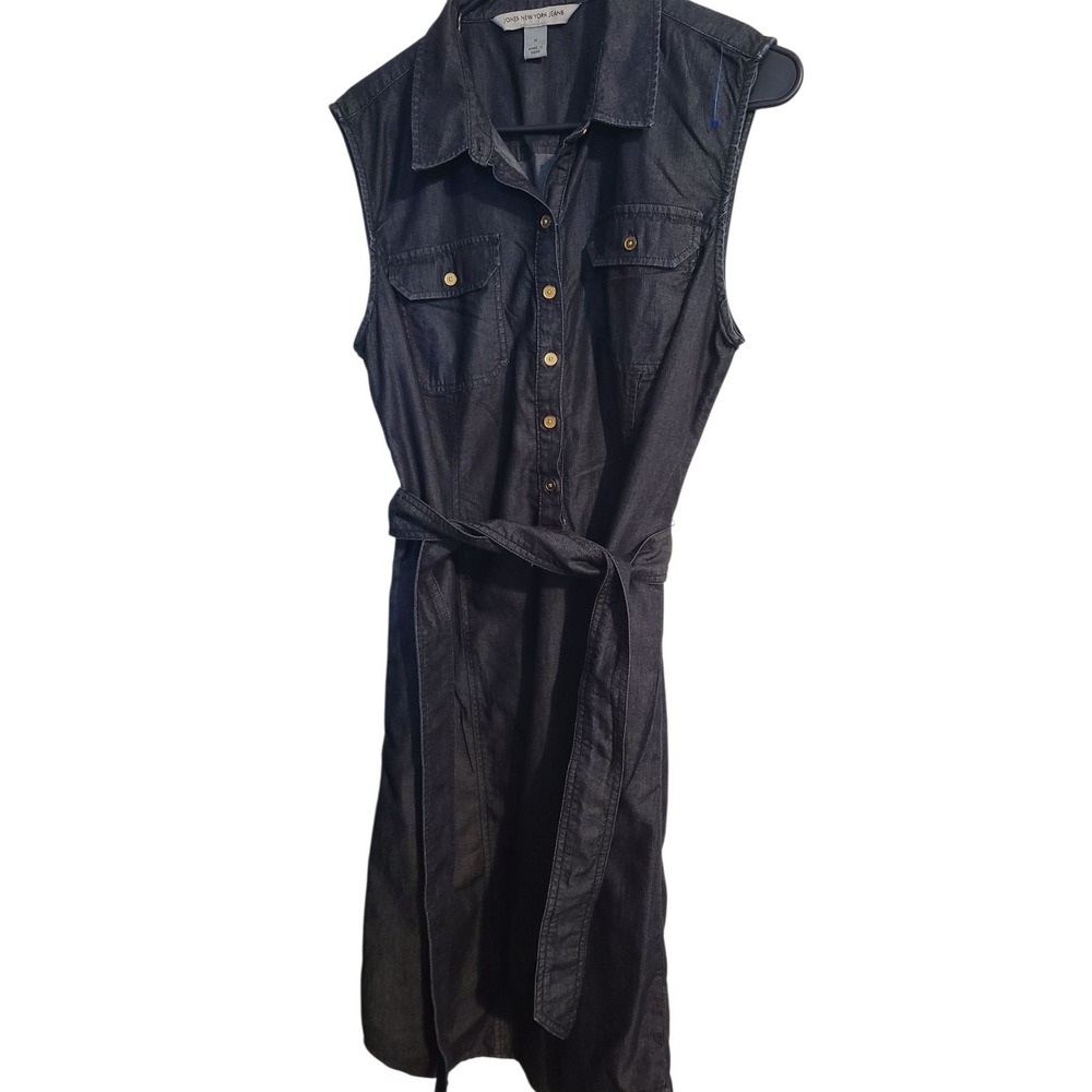 Jones New York Denim Button Down Dress with Belt Large Sleeveless Jeans